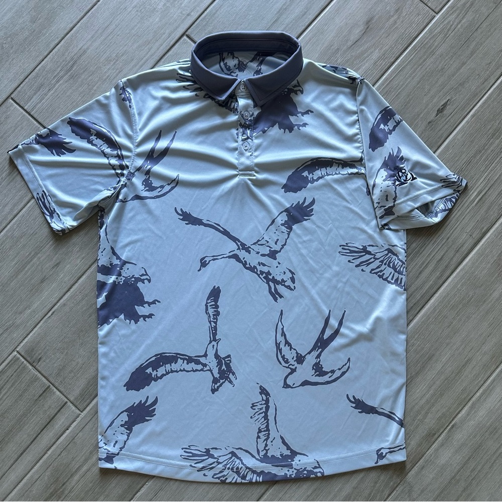 Swannies Golf Shirt Polo Austin Bird Print Medium Blue Gray Polyester